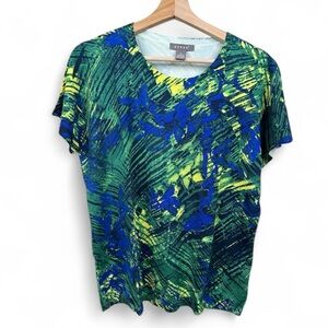 KENAR Blue Green Silk Blend Daphne Knit Top Sz XL Multicolor Print Short Sleeve